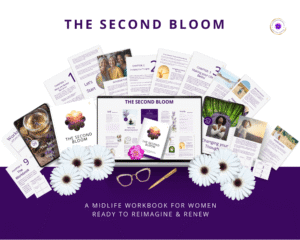 Printable second bloom workbook for women 40+, digital PDF pages with self-care prompts.