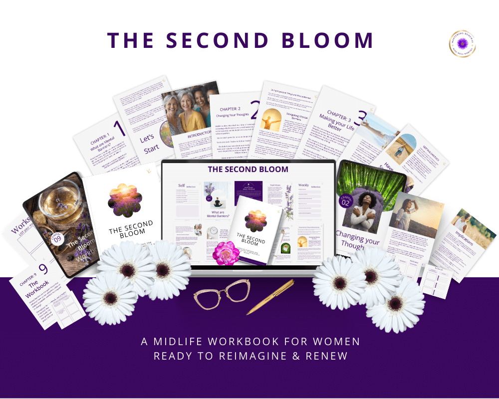 Printable second bloom workbook for women 40+, digital PDF pages with self-care prompts.