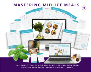 Printable midlife meal tracker for women 40+, digital PDF journal for logging meals, snacks, hydration, and energy levels.