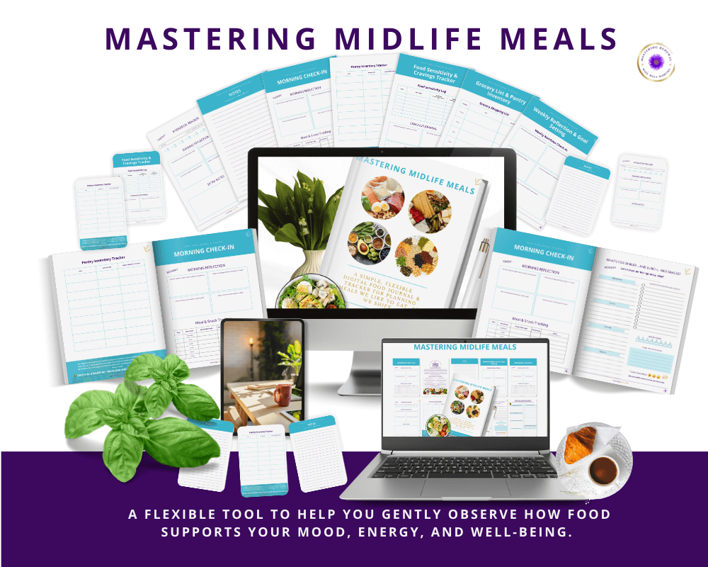 Printable midlife meal tracker for women 40+, digital PDF journal for logging meals, snacks, hydration, and energy levels.