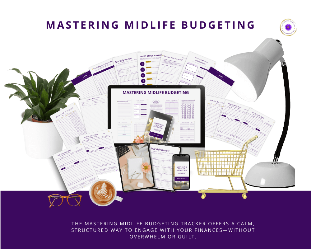 Printable budgeting tracker for midlife women, 8.5x11 digital worksheet for income, expenses, and financial clarity.