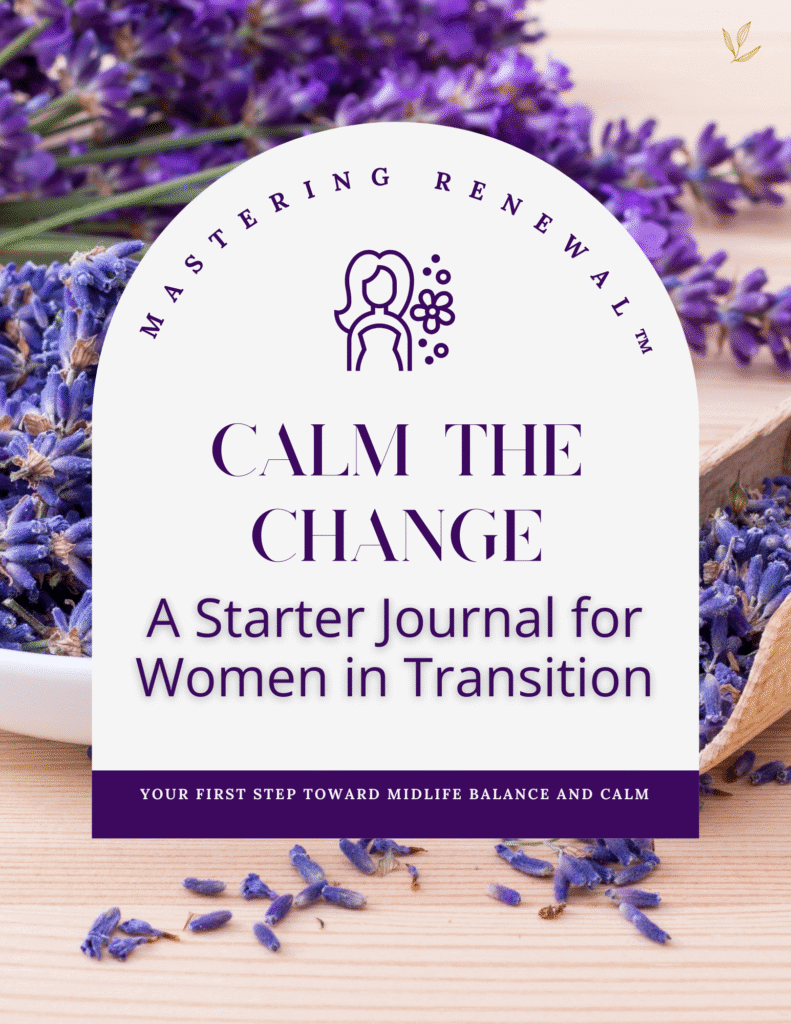 Purple lavender surrounds a book titled "Calm the Change: A Starter Journal for Women in Transition," conveying tranquility and renewal.