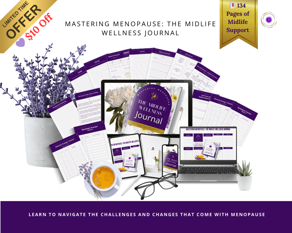 Printable menopause wellness journal for women 40+, digital PDF pages with self-care prompts, symptom tracking, and reflection exercises.