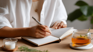Midlife woman writing in a journal with herbal tea beside her, symbolizing tracking midlife wellness habits for clarity and balance.