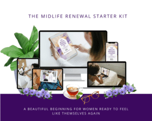 Printable midlife wellness starter kit for women 40+, digital PDF bundle with self-care tools, habit trackers, and reflection prompts.