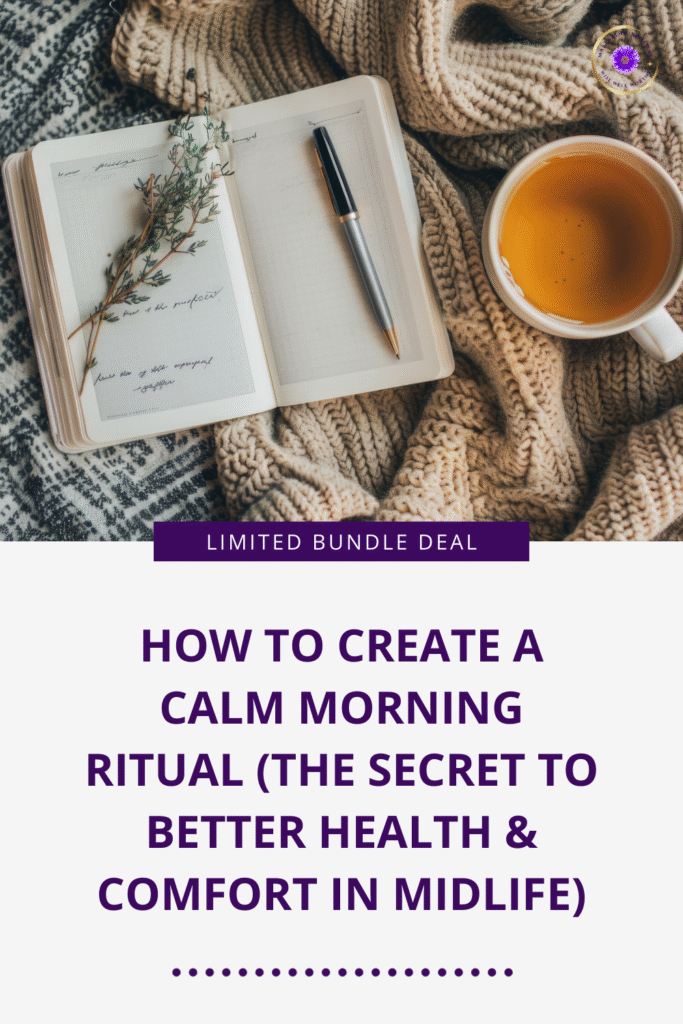 Cozy setting with an open journal, pen, and sprigs on a knit blanket. A cup filled with warm tea sits nearby. Text reads, "How to Create a Calm Morning Ritual."