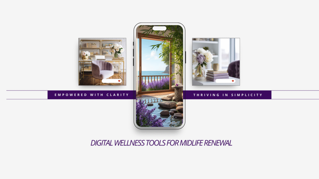 A phone displays a serene spa scene between two home office images with flowers; text reads Empowered with Clarity," "Thriving in Simplicity," and "Digital Wellness Tools for Midlife Renewal—about mastering renewal.