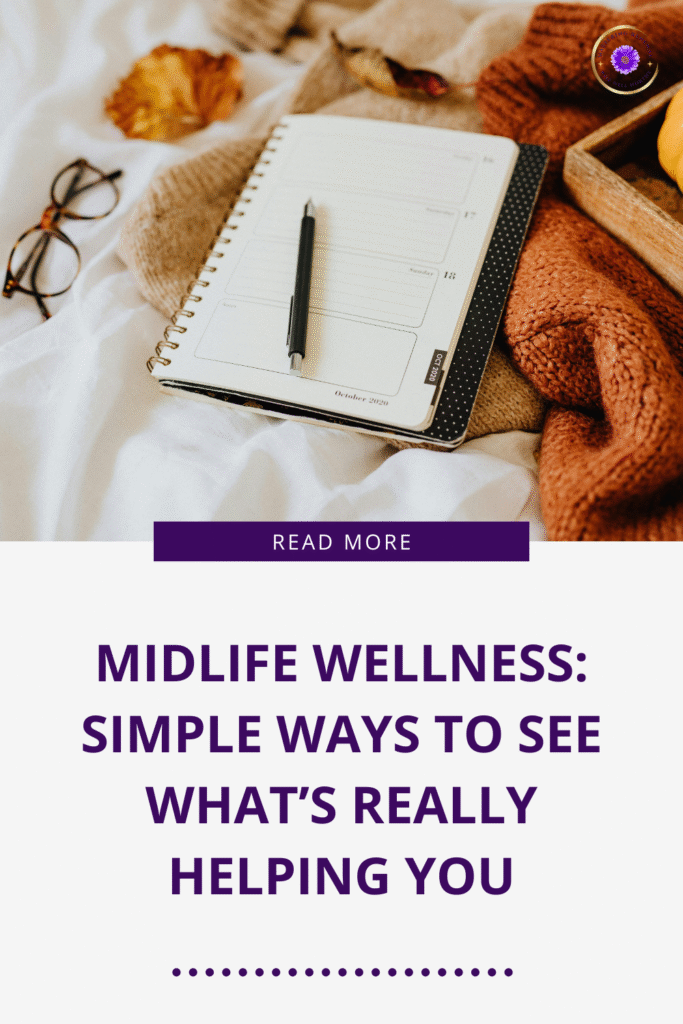 Flat lay of a wellness planner on a cozy blanket with glasses, promoting midlife wellness and simple ways to track what’s really helping.