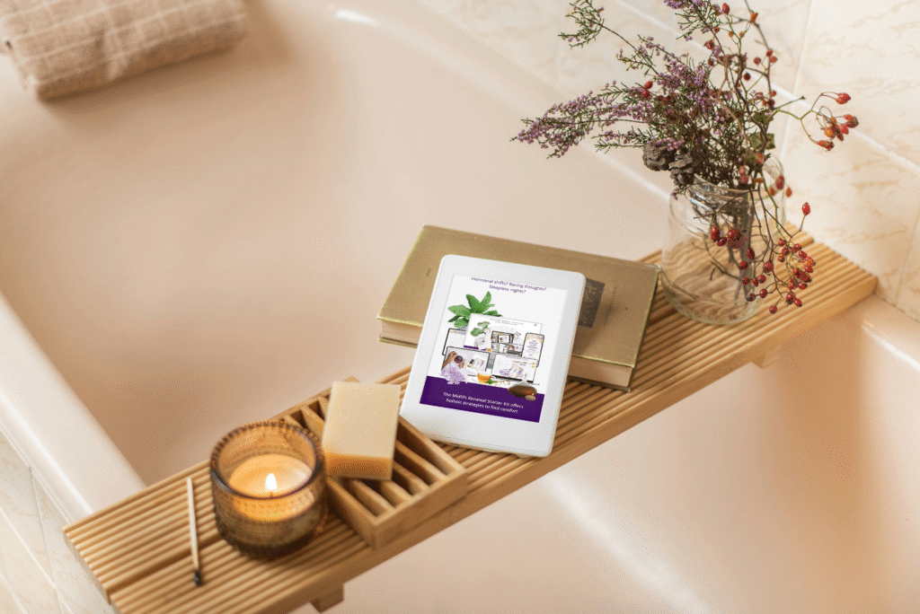 A serene bath scene features a lit candle, soap, and a herbal product box on a wooden tray over a bathtub, evoking relaxation and tranquility.