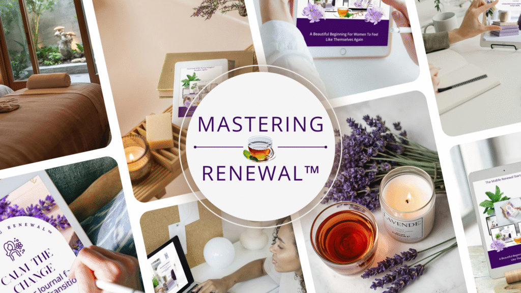A collage featuring wellness items, lavender, tea, candles, and digital devices surrounds a central logo reading “Mastering Renewal™”—the perfect inspiration for midlife mastering renewal with essential digital product tools.