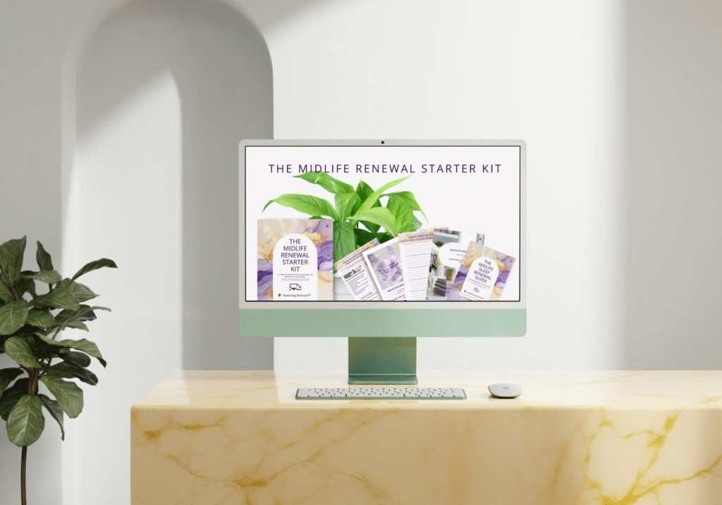 Cozy workspace with desktop on marble desk with display of mastering renewal digital product