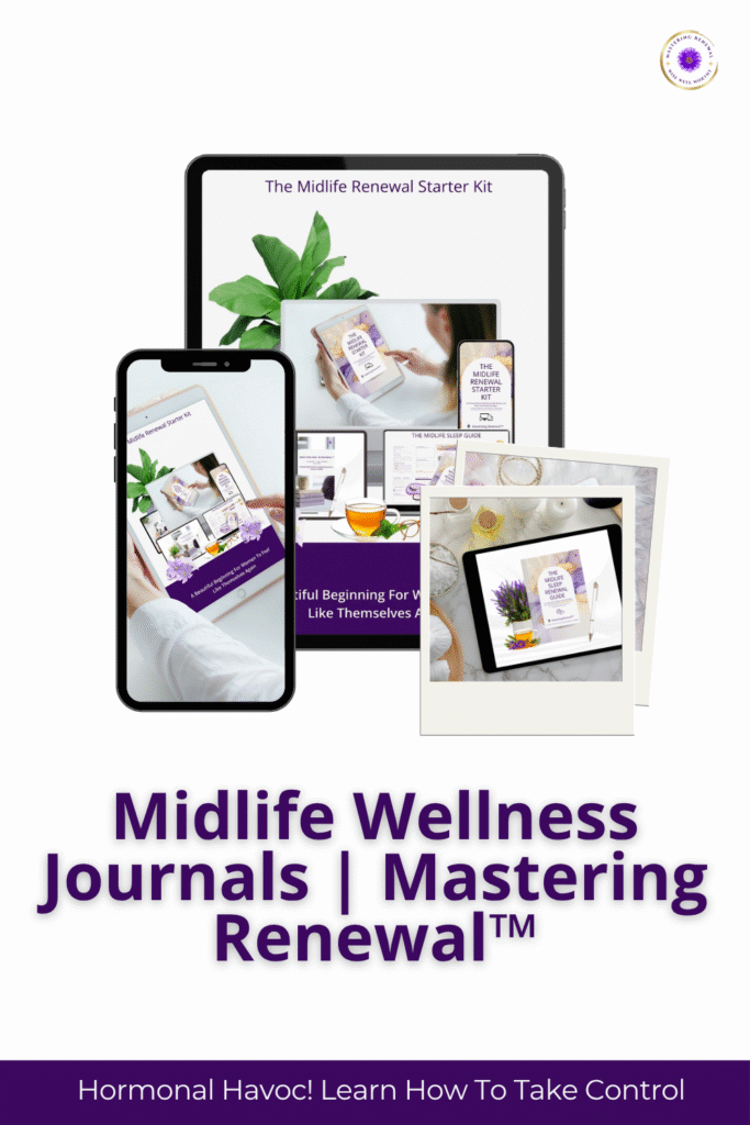 printable journals & self-care tools - Collage of devices showing printable journals and planners for women over 40. Includes flowers, a plant, tea, and glasses, conveying a calm, organized atmosphere.